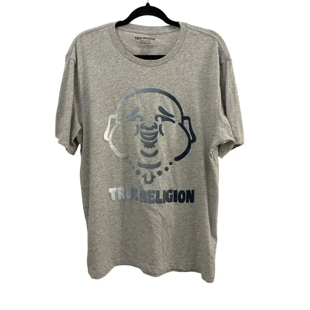 True Religion Jeans Graphic T-Shirt Buddha Face Grey Cotton Blend Boho XL